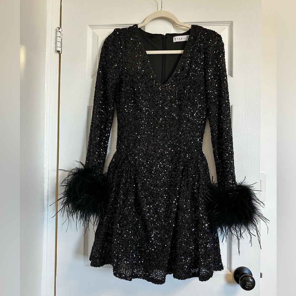 Club London 
LOPEZ- BLACK SEQUIN PLUNGE-NECK FEATHER TRIM MINI DRESS